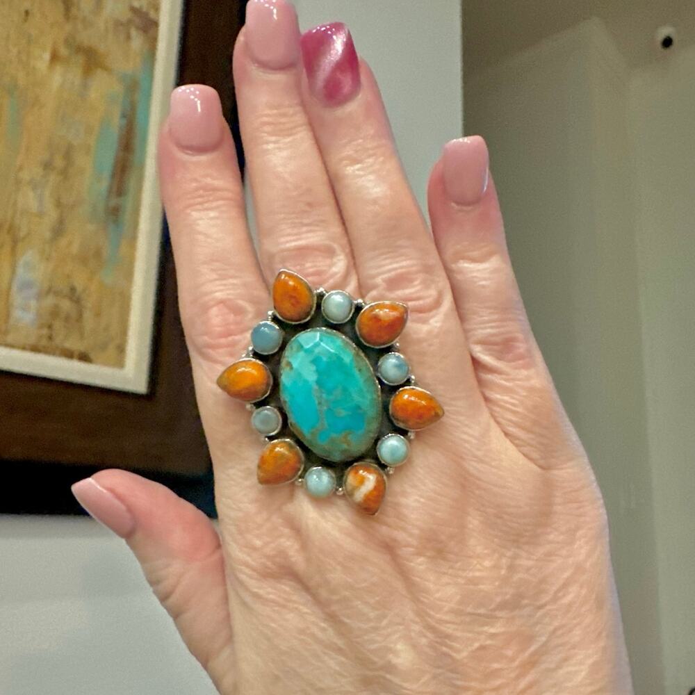 Faceted Mohave Turquoise Spiny Oyster & Larimar Statement Ring 1.75” Long - Picture 4 of 5